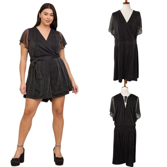 Torrid Black Glitter Lurex Flutter Sleeve Surplice Wrap Romper Plus Size 6 - Picture 1 of 13